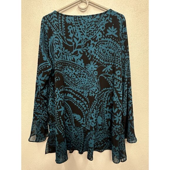 Susan Graver Womens Top Size XL Blue Black Liquid Knit Damask Floral Office - Picture 2 of 7